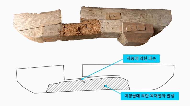 하중에 의한 파손, 미생물에 의한 목재열화 발생 등 첨차부의 복합 공법 적용사례